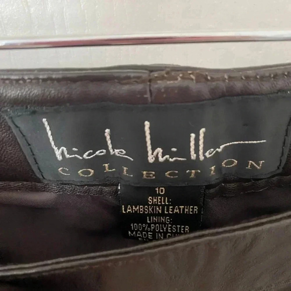 Nicole Miller Womens 100% Lambskin Brown Leather Straight Leg Pants - Picture 4 of 7